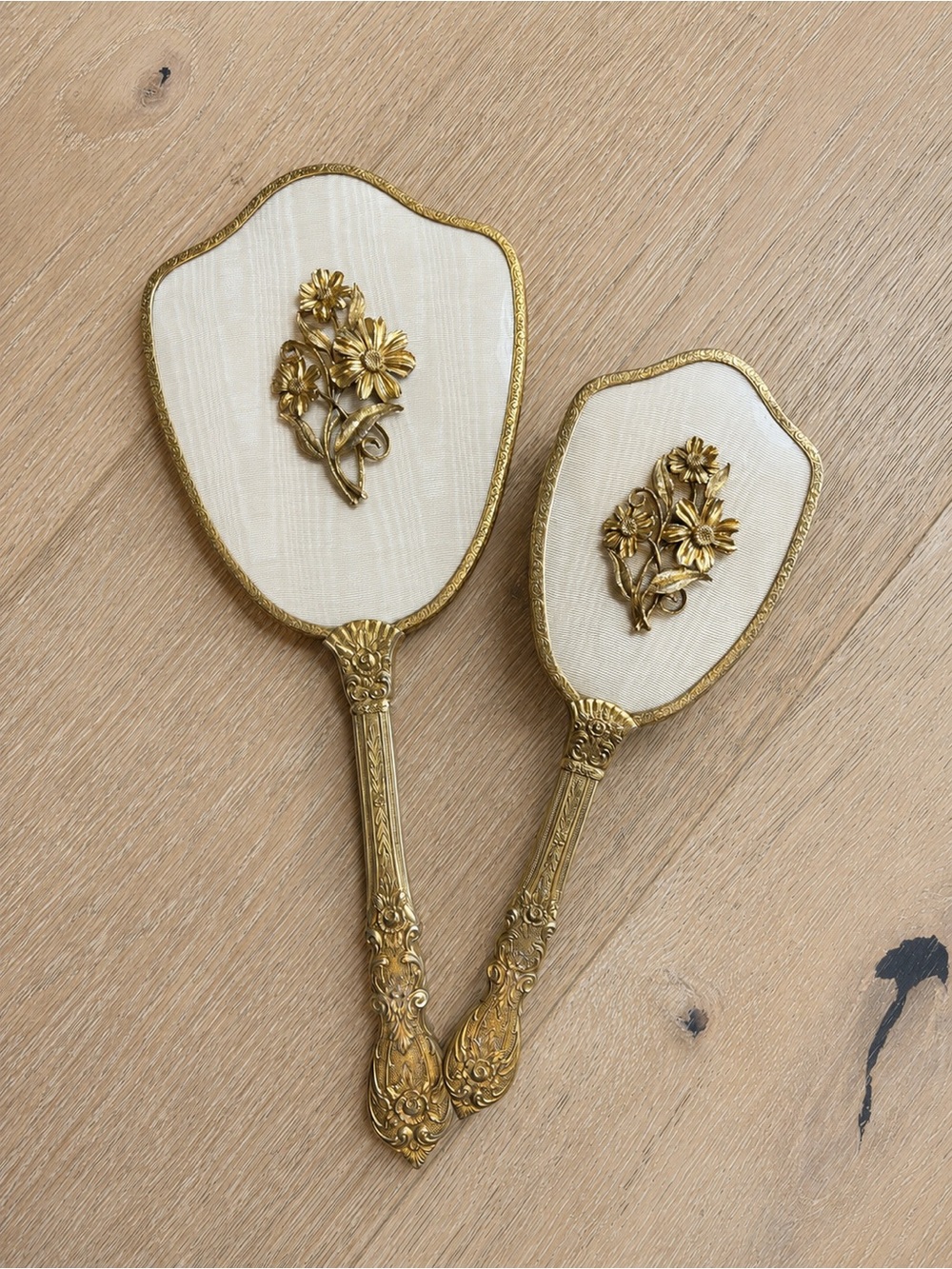 Vintage Matson 1930s Gold Tone Daisy 3-D Vanity Set Hand Mirror and Brush